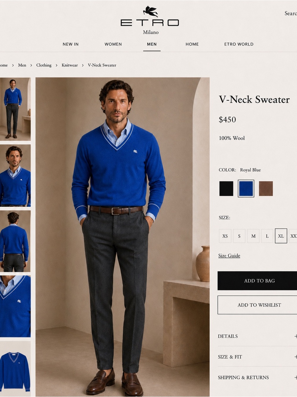 Etro Milano 100% Wool V-Neck Sweater Blue Slim Fit Made in Italy Men’s L Fits M